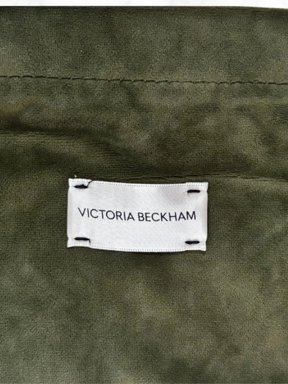 NWOT | VICTORIA BECKHAM Olive Velvet Drawstring Bag Clutch with Cream Straps
